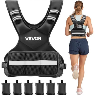 VEVOR Verstelbaar Gewichtvest met 6 x 1 lb Gewichtzakken voor Individuele Training, X-vormig Fitnessvest met Reflecterende Strepen en Gespbanden voor Krachttraining, Hardlopen en Joggen, Zwart