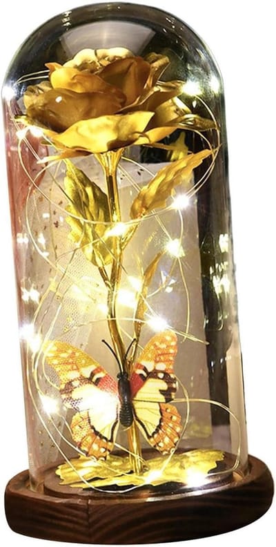 Glazen Rozenlamp - Kunstbloem Decoratie - Huis Verfraaien - Met LED Vlinder - 21 cm Hoog - Transparant
