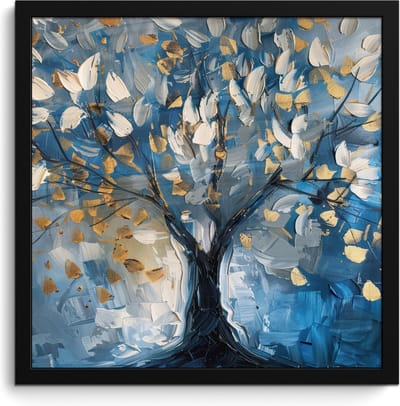 Poster in lijst - Fotolijst 40x40 cm - Posters - Boom - Blauw - Goud - Abstract - Posterlijst zwart - Decoratie - Wanddecoratie woonkamer - Muurdecoratie slaapkamer