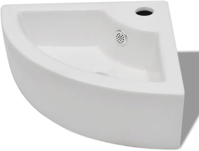 Keramische Hoek Wastafel - Handwasbak Rond - Badkamer Inrichting - Met Overloop - 33x33x13 cm - Wit
