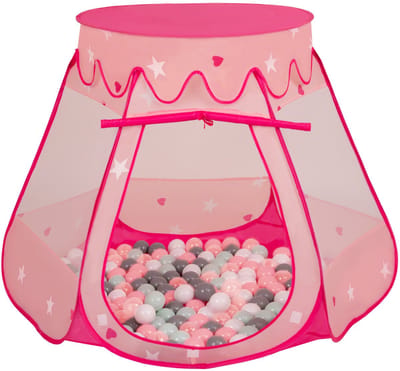 Selonis Pop Up Kasteeltent Pink Voor Kinderen - 100 Ballen Speeltent - Binnen En Buiten Speelhuisje - 105x90 cm - Wit Grijs Mint Poederroze