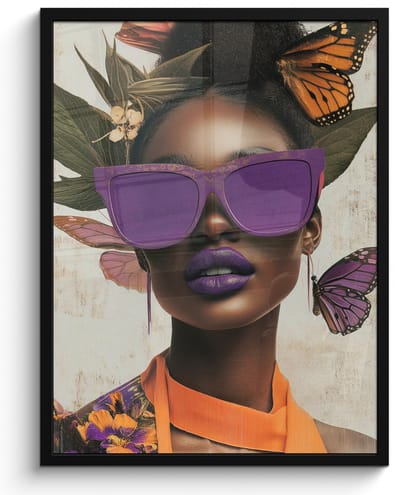 Poster in lijst - Fotolijst 60x80 cm - Posters - Vrouw - Zonnebril - Vlinder - Bloemen - Posterlijst zwart - Decoratie - Wanddecoratie woonkamer - Muurdecoratie slaapkamer