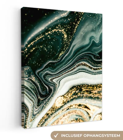 Canvas schilderij 30x40 cm - Wanddecoratie Marmerlook - Goud - Groen - Glitter - Design - Marmer - Muurdecoratie woonkamer - Slaapkamer decoratie - Kamer accessoires - Schilderijen op canvas