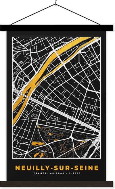 Posterhanger incl. Poster 40x60 cm - Schoolplaat - Frankrijk - Neuilly-sur-Seine - Stadskaart - Plattegrond - Kaart - Textielposter - Zwarte latten - Stadskaart