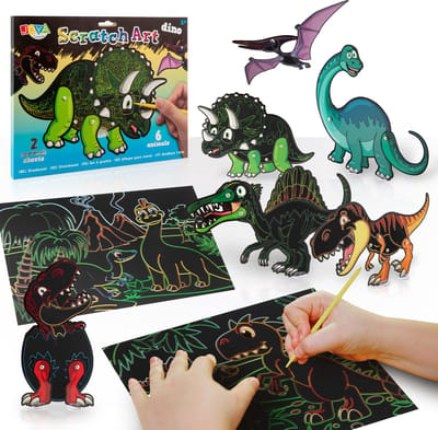 Scratch Art Dino Kinderen - Dino Knutselen - Krasboek - Inclusief 6 Dinosaurussen en 2 Krastekeningen - Met Kras Tools en Beweegbare Elementen - Joya Creative