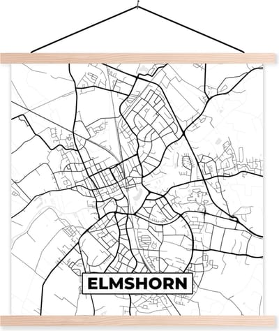 Posterhanger incl. Poster 40x40 cm - Schoolplaat - Plattegrond - Kaart - Stadskaart - Elmshorn - Textielposter - Blanke latten - Stadskaart