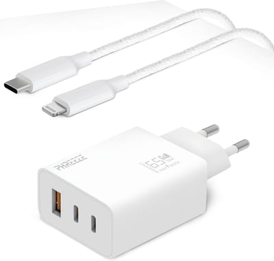 Oplader geschikt voor iPhone / iPad / MacBook - 65 watt oplader usb C - USB adapter 3 poorten - Oplaadstekker geschikt voor iPhone & iPad + Lightning naar USB C kabel 1 meter