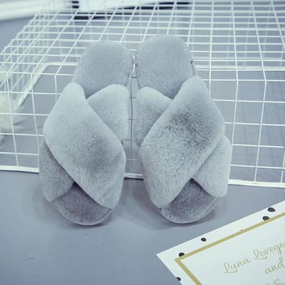 Damesmode Warme Pluizige Pantoffels Gezellige Faux Fur Kruis Indoor Vloer Slides Platte Zachte Harige Dames Vrouwelijk Beroemdheden Slippers 37 grijs