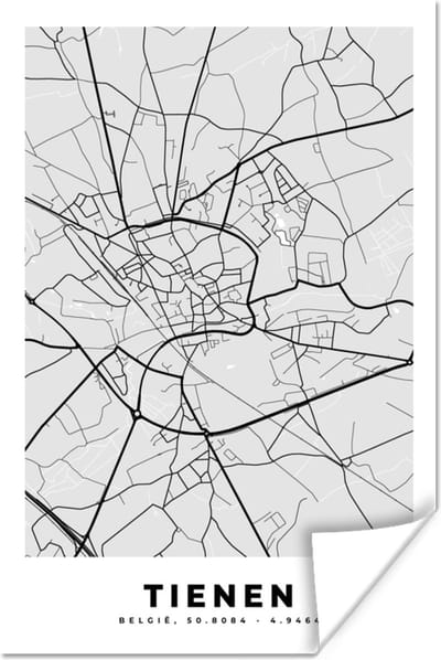 Poster Zwart Wit – België – Plattegrond – Stadskaart – Kaart – Tienen - 120x180 cm XXL