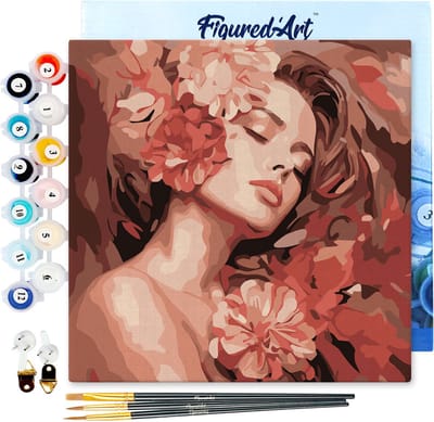 Figured'Art Mini Schilderen op Nummer Volwassenen 20x20cm met lijst Camelia's Slapende Schoonheid - Klein Formaat Creatieve Hobby Kit DIY Art Nummer Compleet