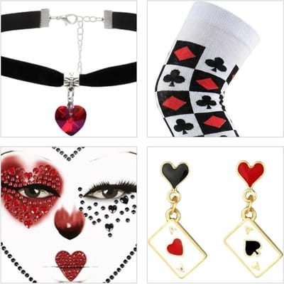 Dames kostuum voor carnaval met pokeraccessoires, gezichtstatoeages en stijlvolle kousen voor themafeesten