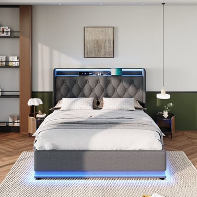 VVBV Gestoffeerd Bed 160x200 cm met 360° LED, App-bediening - Afstandsbediening, USB-C - Linnen Grijs - Zonder Matras