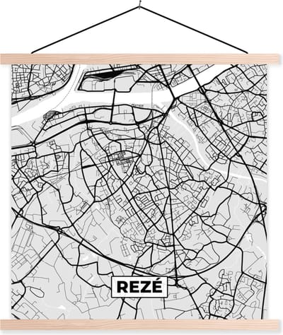 Posterhanger incl. Poster 40x40 cm - Schoolplaat - Frankrijk - Rezé - Stadskaart - Plattegrond - Kaart - Textielposter - Blanke latten - Stadskaart