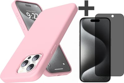 Hoesje met Privacy Screenprotector Geschikt voor iPhone 15 Pro Max Hoesje Siliconen - liquid case - Arara Backcover - Roze