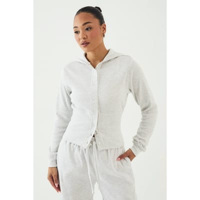 Dames Dsgn Studio Doorknoop Geribbelde Top Met Capuchon En Tailleband | Asgrijs | Maat: XS
