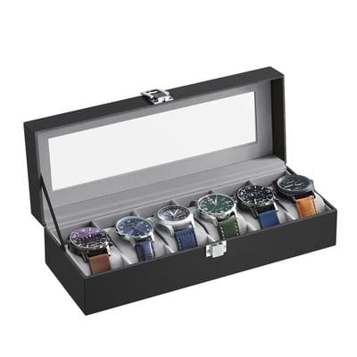NaevaMi Horlogedoos - Horloge box - Horloge Rol - Watch Roll - Horloge Etui - Horloge Kist - Horloge Case - Leer en Glazen Deksel - 11.2x30x8cm - Zwart