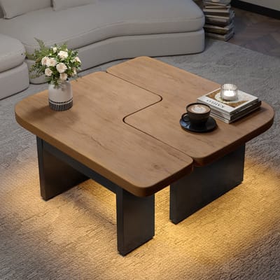 PHOEBE CAT Salontafel - Set van 2 - LED-verlichting - Houtnerf - 2 lades - Natuurlijke + Zwart