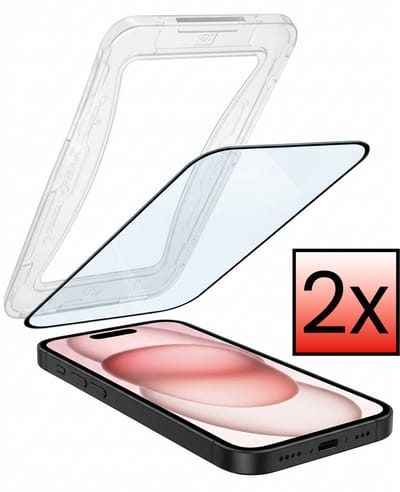 Screenprotector - 2 Stuks - Geschikt voor Apple iPhone 15 - Met Installatie Kit - Beschermglas - Gehard Glas - Tempered Glass - Screen Protector - Inclusief Montage Frame - Buigbaar Hybrid Bescherm Cover