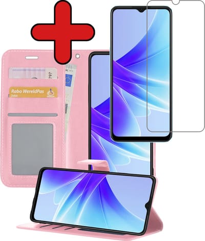 Hoesje - Met Screenprotector - Geschikt voor OPPO A17 - Luxe Pasjeshouder - Flipcase - Bookcase Portemonee - Flip Case - Kunstleer Book Case - Book Cover - Walletcase - Portemonneehoes - Telefoonhoes - Lichtroze