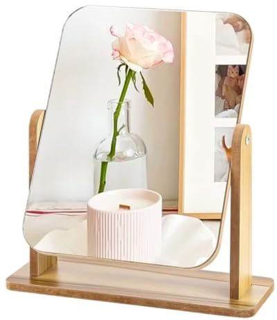 Staande houten beautyspiegel klein - Vrijstaande tafelspiegel voor make-up, bureau, slaapkamer, badkamer - Bamboe met wit frame - 25x18 cm