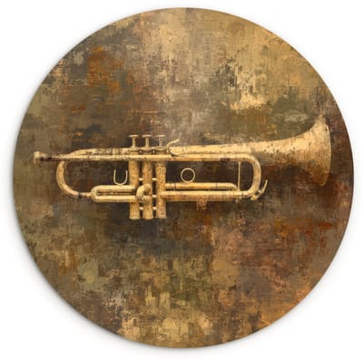WallCircle® Wandcirkel 120x120 cm - Muurcirkel Trompet - Geel - Muzikaal - Muurdecoratie woonkamer - Wanddecoratie slaapkamer - Kamer decoratie accessoires - Ronde schilderijen XXL