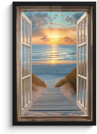 Poster in lijst - Fotolijst 40x60 cm - Posters - Doorkijk - Strand - Pad - Zonsondergang - Posterlijst zwart - Decoratie - Wanddecoratie woonkamer - Muurdecoratie slaapkamer
