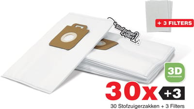 30x Stofzuigerzakken geschikt voor Nilfisk King / Extreme + 3 Filters - Duurzaam Karton Zonder Plastic - 3D Stofzakken + 3 Hygiëne filters - Premium kwaliteit - Multi lagen - Anti Allergie - Geschikt voor o.a. King, Extreme, Power en Elite Series