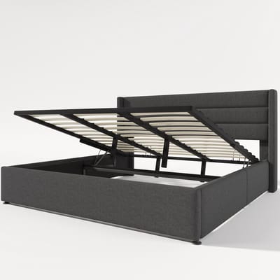 Opbergbed, gestoffeerd bed, hydraulisch tweepersoonsbed 180x200cm, lattenbodem van hout, lattenbodem van metaal, linnen, grijs