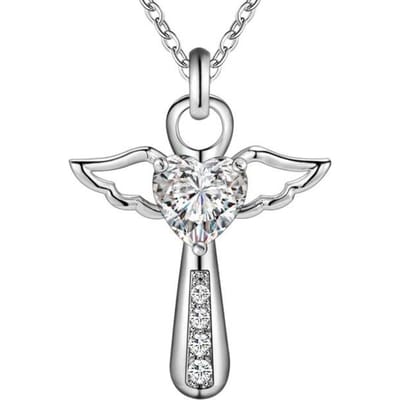 Echte 925 Sterling Zilver Jezus Kruis Ketting Fijne Sieraden Dubbele Engelenvleugels Hart Zirkonia Hanger Ketting Vakantie Uitverkoop 45cm wit