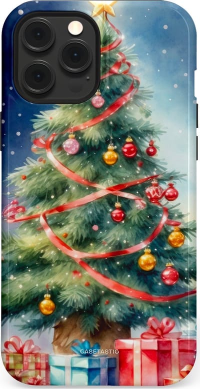 Casetastic hoesje geschikt voor Apple iPhone 12 Pro Max - MagSafe - Dubbellaagse bescherming - Aquarel Kerstboom Cadeau - Fashion Case - Grijs Donkerblauw Saliegroen Beige