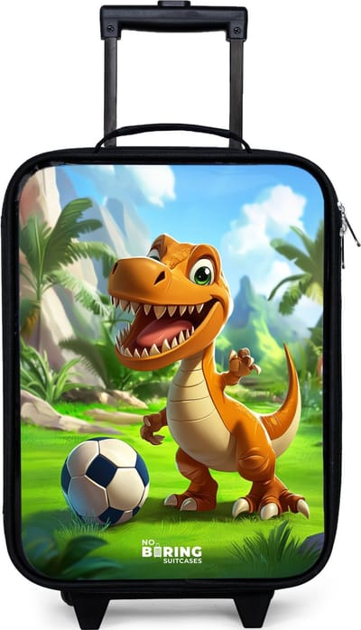 NoBoringSuitcases.com® - Kinderkoffer jongen - Kindertrolley meisje - Dino met een voetbal in groen landschap - Koffer kind lichtgewicht - Reiskoffer trolley voor kinderen - Koffertje met lichtgevende wieltjes - Rolkoffer zwart