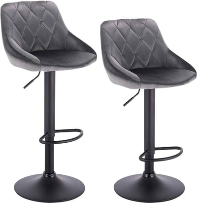 Designer Barkruk - Grijs - Velvet - Ergonomisch - Verstelbaar - Zithoogte 60-82cm - Set van 2