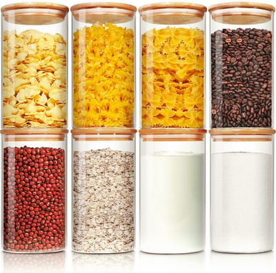 Glazen potten met bamboe deksels 34 FL OZ [Set van 8], glazen blikken met luchtdichte deksels, glazen voedselopslagcontainers voor pasta, haver, koffie, bloem, suiker, rijst, beste voor