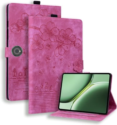 Coverup Tablethoes geschikt voor OnePlus Pad 2 Hoesje - Flowers & Cat Book Case - Roze