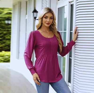 ASTRADAVI Casual Chic - Ronde Hals Dames Blouse - Stijlvolle Top met Geplooide Halslijn - Roze Fuchsia / X-Large