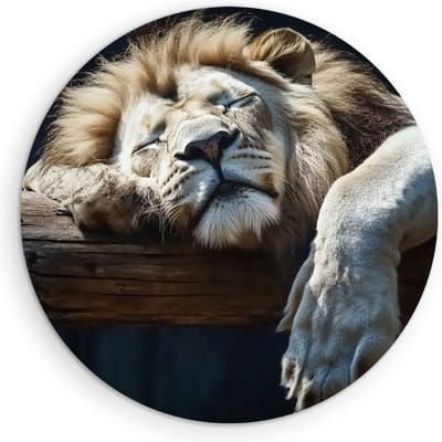 Saammp Muurcirkel Hout - Slapende Leeuw op boomstronk - Dieren - Natuur - Ø 90 - Wandcirkel - Wanddecoratie Cirkel - Muurdecoratie Woonkamer - Slaapkamer decoratie - Rond Schilderij