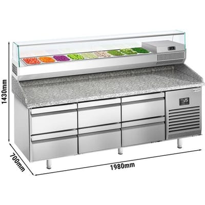 GGM Gastro Pizzakühltisch Premium PLUS - 1980x700mm - mit 6 Schubladen - inkl. Kühlaufsatzvitrine - 9x GN 1/4