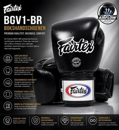 Fairtex BGV1-BR Bokshandschoenen 12 Oz – Premium Thais Leer – Air Mesh Ventilatie – Zwart