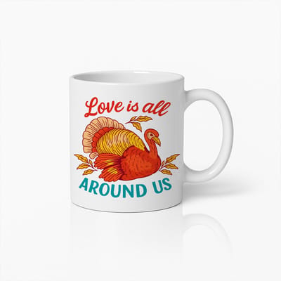 Love Is All Around Us Mok – 330ml Schattige Koffiemok met Kalkoen Design – Romantisch Cadeau voor Stelletjes, Thanksgiving & Herfstliefhebbers
