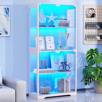BROTTAR vitrinekast wit met pop-up glazen deuren, 3-kleuren LED-verlichting, bewegingssensor, 4 planken, grote opbergkast voor kunst, boeken, trofeeën, woonkamer en studeerkamer