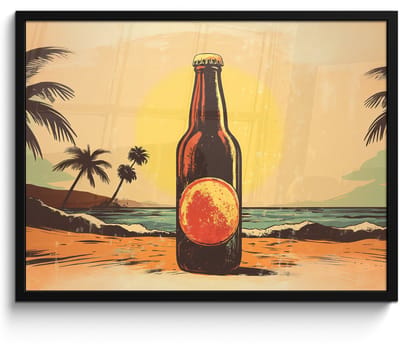 Poster in lijst - Fotolijst 70x50 cm - Posters - Bierfles - Zonsondergang - Palmbomen - Zee - Posterlijst zwart - Decoratie - Wanddecoratie woonkamer - Muurdecoratie slaapkamer