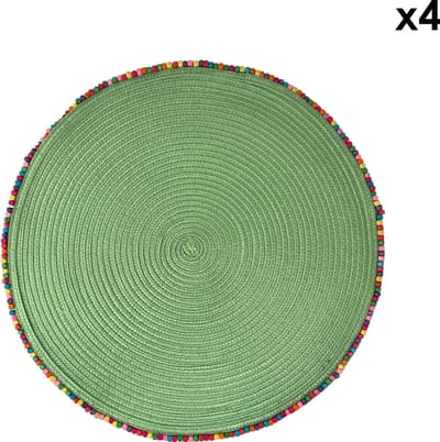 Arca BORDATO Set van 4 Groene Placemats Rond 38cm, met speelse houten kralen afboording - polyester - onderhoudsvriendelijk