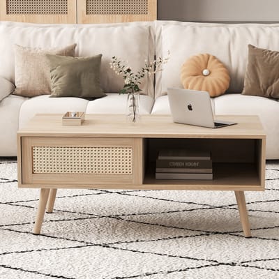 MODFU Salontafel - Rattan Schuifdeur - Minimalistisch - Voor Woonkamer - MDF En Houten Poten - Natuurlijke Houtkleur