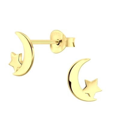 Joy|S - Zilveren maan met ster oorbellen - 6 x 9 mm - gold plated