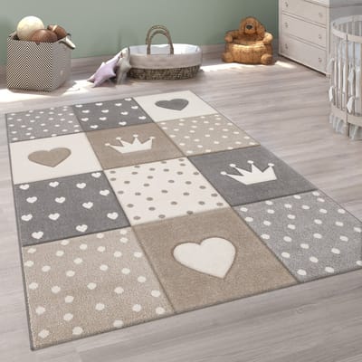 Paco Home Tapijt Voor Kinderen Vloerkleed Kinderkamer Pastel 3D Stippen Hart Beige 80x150 cm