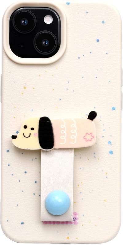 Casemania Hoesje Geschikt voor Apple iPhone 13 - Beige - Siliconen Back Cover met Vingerhouder - Hondje Telefoonhoesje met Ring - Puppy Softcase Backcover - Telefoon Grip - Kinderen
