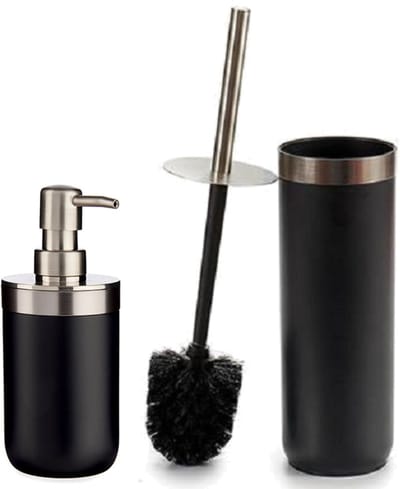 Badkamer accessoires set 2-delig zwart kunststof - Wc-borstel met zeepdispenser van 350 ml