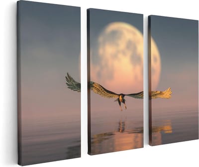 Artaza Canvas Schilderij Drieluik Adelaar boven het Water bij de Maan - 120x80 - Foto Op Canvas - Canvas Print