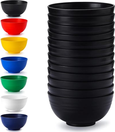 Set van 12 Herbruikbare Zwarte Plastic Schalen van 750 ml - Soepkommen, Ontbijtschalen voor Thuis, Restaurant en Buitenactiviteiten zoals Picknicks en Kamperen