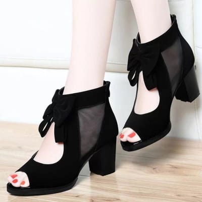 Sandales Bouche de Poisson Été Talon Moyen Nouveau Polyvalent Nœud Talon Épais Chaussures pour Femmes Maille Talons Hauts Été 37 gray